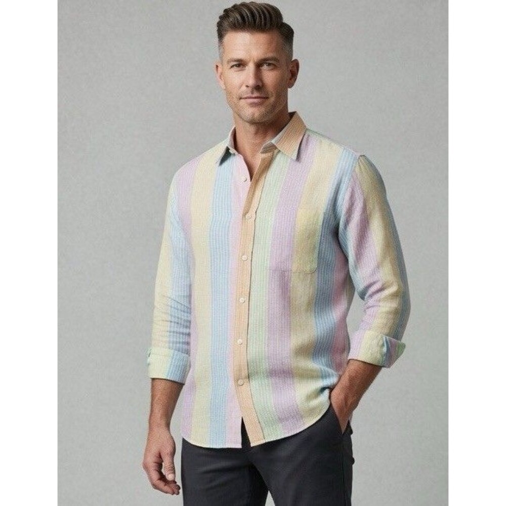 MINE Shirt Mens XL Colorful Stripe 100% Linen Long Sleeve Casual Button Up